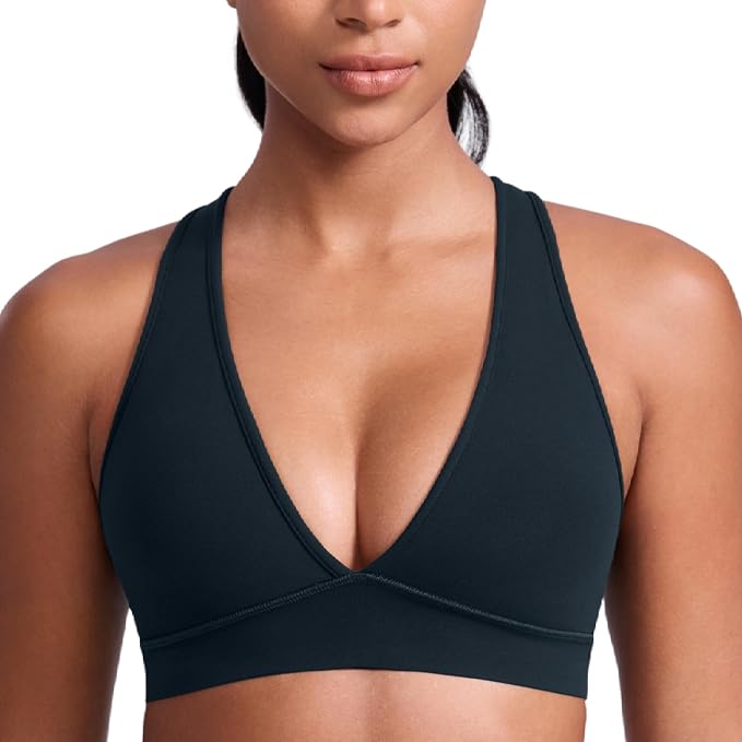 CRZ YOGA Butterlift Deep V Neck Sports Bras for Women - Padded Gym Wide Straps Cut-Out Cross Back Crop Pilates Workout Top
