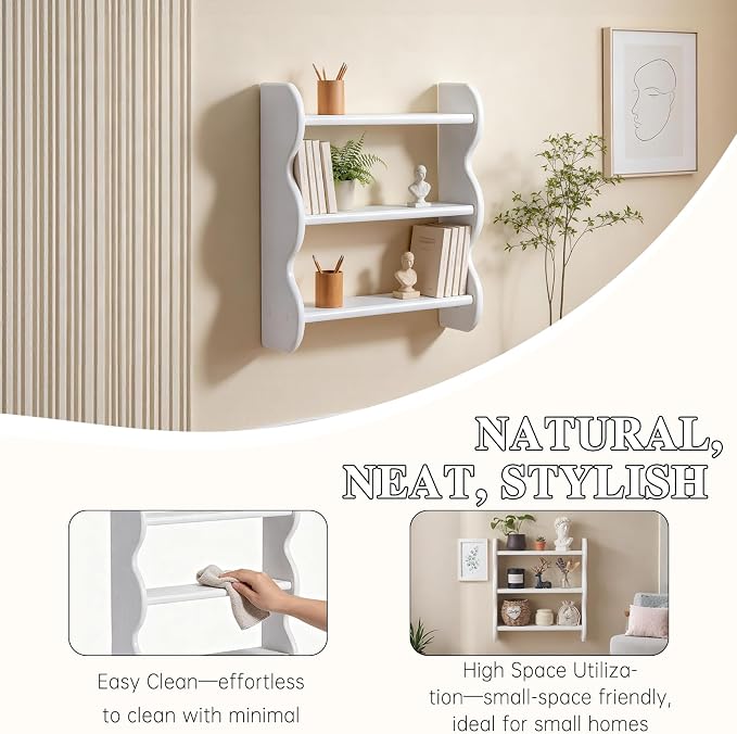 100% Solid Wood Wall Shelf 3-Tier, Vintage Shelves Wall Mounted Storage Rack, Farmhouse Trinket Shelf Home Decor Display Shelves for Apartment, Living Room, Bathroom and Bedroom