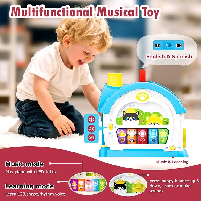 Interactive Toys for 1 2 3 Year Old Boy Gifts, Baby Musical Toy House with Stuffed Puppy, Car, Learning Educational Toy for Toddler 1-3, Christmas Birthday Gifts for 1 Year Old Boy (Blue)