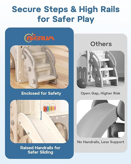 BIERUM Toddler Slide Set, 13 in 1 Kids Indoor Slide for Toddler 1-3, Indoor Outdoor Toddler Slide Playset with Basketball Hoop, Golf Game & Drawing Board, Baby Indoor Slide Playground, Cream&Gray