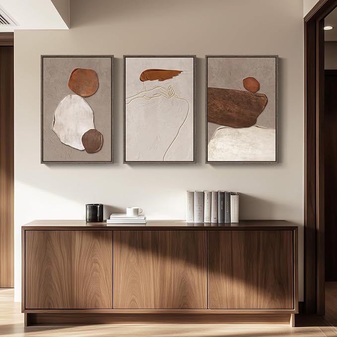 Large Framed Neutral Abstract Wall Art, Set of 3, Beige Brown, 24x36 In | Rustic canvas prints paintings, Wood frame, Minimalist stone pictures, Modern Wall decor for Living Room Hallway Stair Office