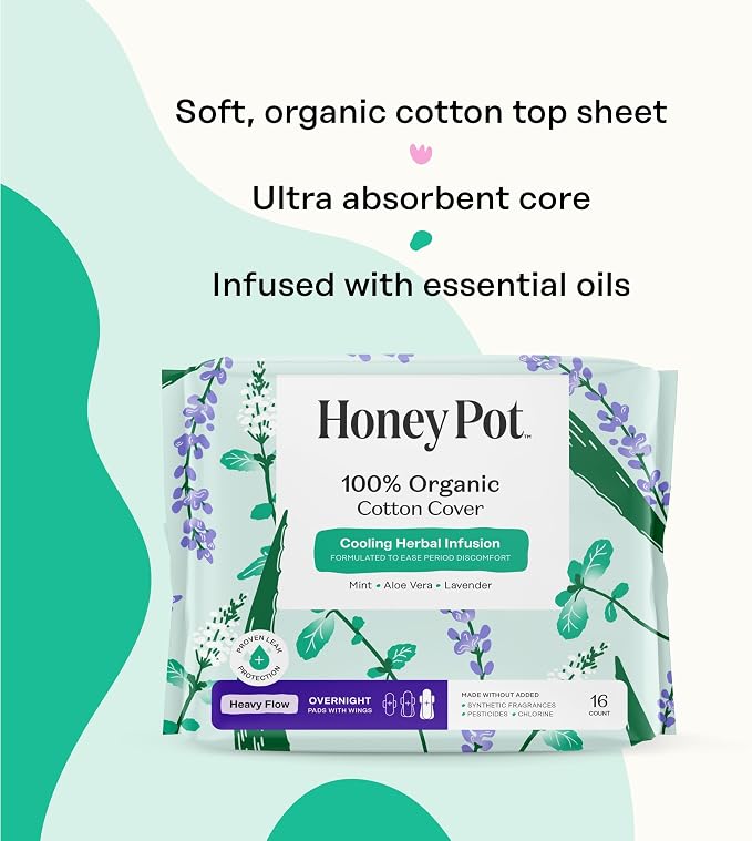 The Honey Pot Company - Herbal Sanitary Pads for Women - Heavy Flow Overnight w/Wings - Infused w/Essential Oils for Cooling Effect & Organic Cotton Cover - Feminine Care - 16 ct