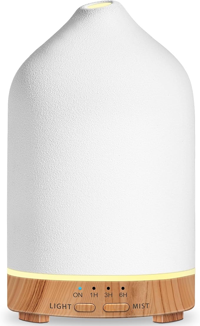 URPOWER 300ML Ceramic Essential Oil Diffuser, Ultrasonic Aromatherapy Diffuser with Wood Grain Base, 7-Color LED Lights, Auto Shut-Off, 2 Mist Modes, Cool Mist Humidifier for Home,Office