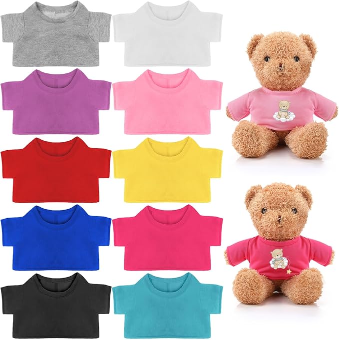 10 Pcs Stuffed Bear Tee Shirt Stuffed Animal Clothes Bear Basic Sublimation Blank T Shirt Classic Plush Bear T Shirt Easy to Wear Fit 14-18 Inches Stuffed Dolls