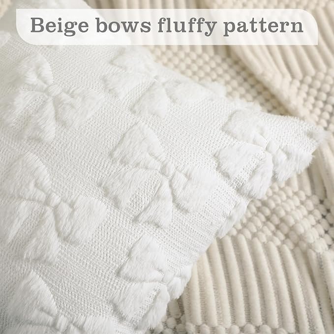 Mixweer Cream White Bow Pillow Covers Set of 2 Preppy Room Decor Coquette Cute Spring Summer Decorative Faux Fur Soft Bowknot Stuff Fluffy Plush Aesthetic Pillowcase for Bed Sofa Couch (18 x 18 Inch)