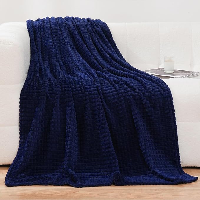 Puncuntex Fleece Throw Blanket Navy Blue 60"×80" with Square Grid Design | Super Soft Plush Cozy Flannel Throw Blanket Luxury for Couch Sofa Chair
