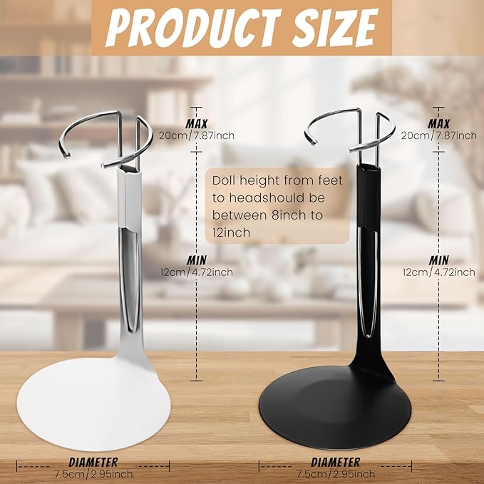 12 Pcs Doll Stand Action Figure Stands with Expandable Waist Wire for 8" to 12" Dolls and Action Figure (Black, White)