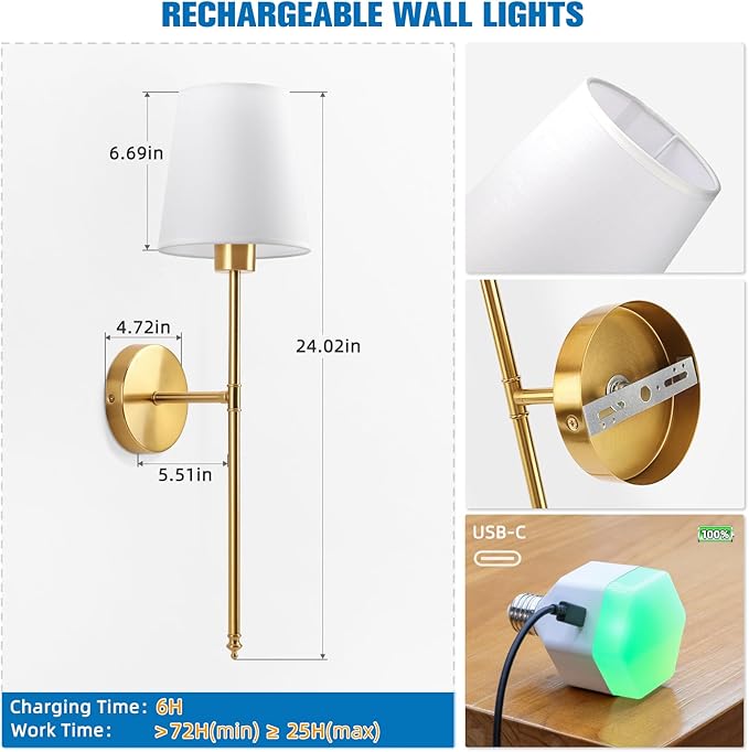 Battery Operated Wall Sconce Set of 2,Gold Rechargeable Wall Lights with 10400mAh Dimmable Bulbs and Remote,10 Colors Wireless Wall Lamps for Bedroom Living Room Hallway Decor