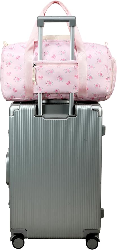 Gym Bag Sports Duffle Bags with Wet Pocket Weekender Overnight Bag with Shoe Compartment and Air Hole for Girls Kids Women Workout Travel Bags (Bow Flower-Pink)