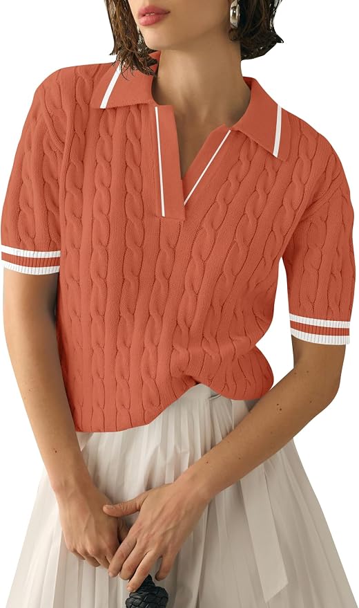 Micoson Womens Short Sleeve Sweater Tops Lapel V Neck Polo Shirts 2026 | Summer Cable Knit Loose Blouses, Business Casual Outfits