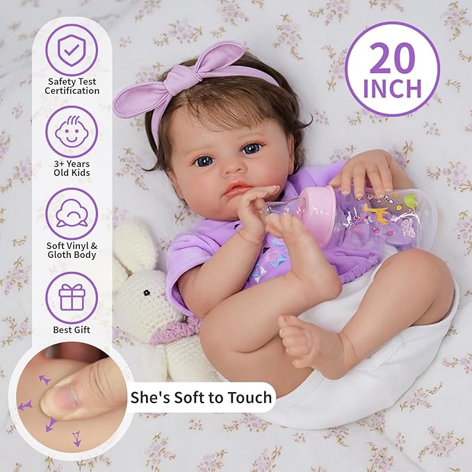 SCOM Realistic Reborn Baby Dolls with Baby Accessories - 20 inch Lifelike Baby Doll Girl, Soft Vinyl Body & Handmade Silicone Limbs, Toddler for Age 3+ Interactive Toy,Birthday Gift