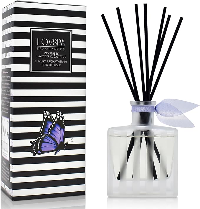 Reed Diffuser Set, DE-Stress Lavender Eucalyptus Scented Oil Diffuser with Sticks, Home Fragrance Accessories for Bathroom Shelf Decor, Aroma Diffusers for Home or Office Desk, USA Made