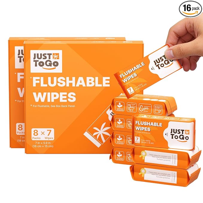 Flushable Wipes, Septic-Safe & Breaks Down, Plant-Based Biodegradable Butt Wet Wipes, Travel-Size Ultra-Compact Pocket Packs, Hypoallergenic Unscented for Sensitive Skin, 112 Count (2 box)
