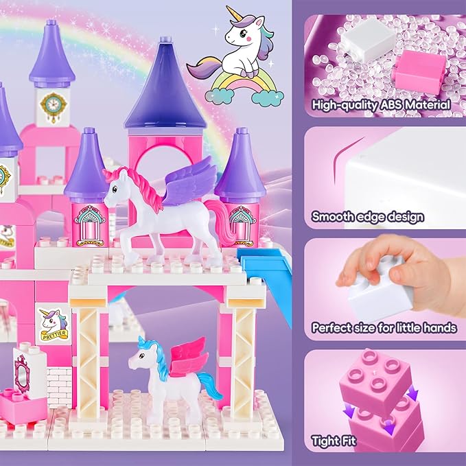 Classic Building Blocks for Toddlers - Compatible with Major Brands, Unicorn Theme Princess Castle & Number Trains Classic Bricks, Creative Educational Buildable Kits for Girls Boys Ages 3, 4, 5, 6-12