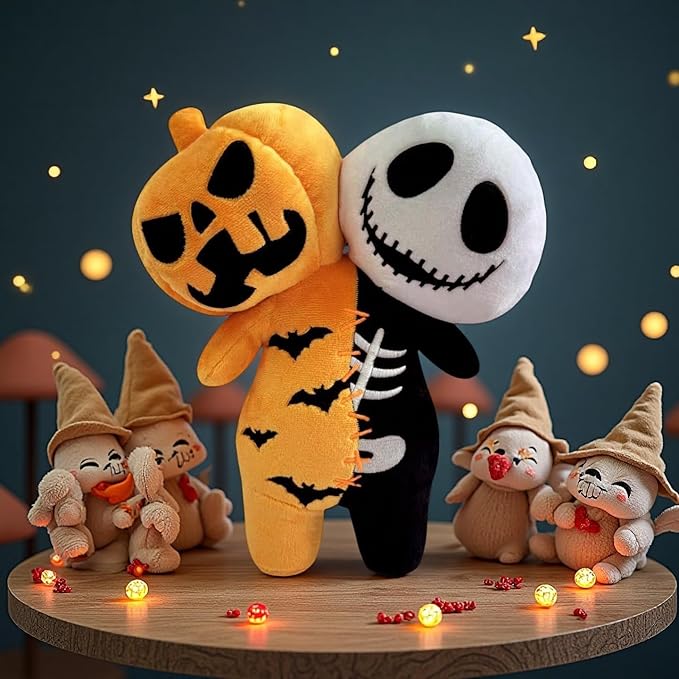 Horror Reversible Glow Plush Creepy Stuffed Animal Toy Scary Pumpkin & Skeleton Buddy Doll for Kids & Game Fans Great Gift for Birthday Halloween Christmas Party