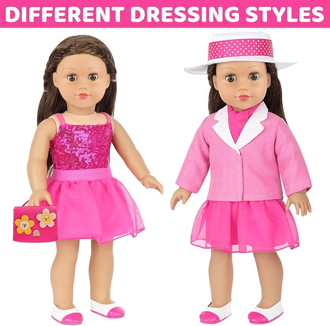 18 Inch Doll Clothes 8-Piece Stylish Pink Outfit Accessories Sets for American 18 Inch Dolls Outfits Trendy Clothes Red Flower Handbag Stuff Accessories for Dress-Up Play (Doll NOT Included)