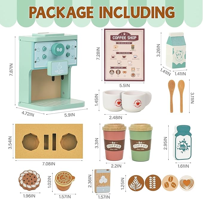 Kids Coffee Playset Toy Coffee Maker Set for Toddler Wooden Kitchen Accessories Pretend Play for Girls Boys Ages Birthday Gifts