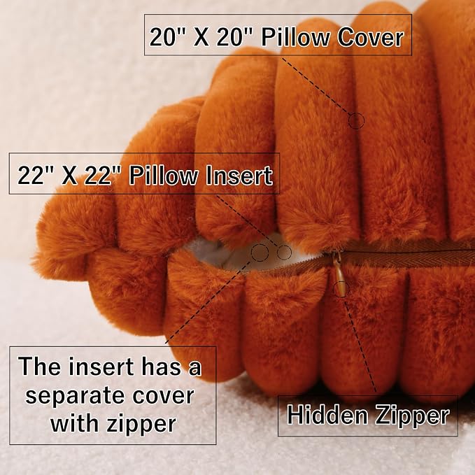 Decorative Throw Pillow with Inserts, Set of 2 Soft Faux Fur Throw Pillows, Square Boho Striped Pillow for Couch, Bed, Sofa Decor (Brownish-Orange, 20" x 20"(Pack of 2))