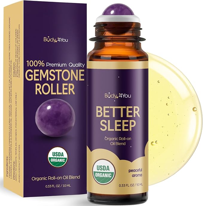 BodyJ4You Sleep Essential Oil Blend - Better Sleep Aid Calm Relaxation Pure | USDA Organic Jojoba MCT Lavender Roman Chamomile - Roller Ball Roll-On Night Routine Wrists Temples Neck - Amber Glass 10ml