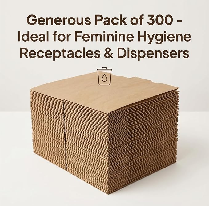 300 Pcs Waxed Kraft Sanitary Napkin Disposal Bags — Feminine Hygiene Liner Bags for Restroom & Bathroom Dispensers, Brown Kraft Waxed Paper Bags for Tampon & Pad Disposal, Janitorial/Commercial Use