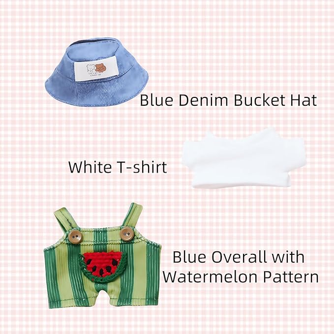 17cm Doll Designer Clothes, La Booboo Doll Summer Outfit Set Accessories with Tshirt, Green Overall, Black Camera, Glasses, Shoes, Demin Bucket Hat, Green