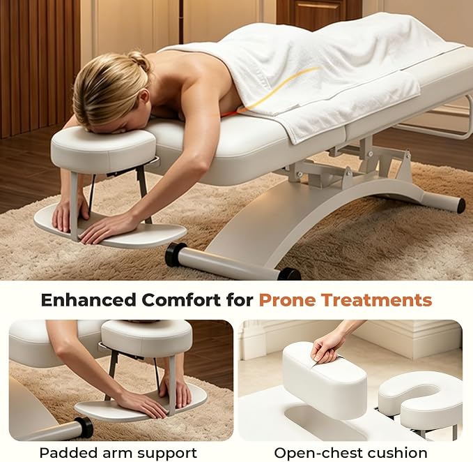 Paddie 550lbs Hi-Lo Electric Massage Table Professional, White | Hydraulic Adjustable Backrest, Adjustable Face Cradle, Rolling Wheels