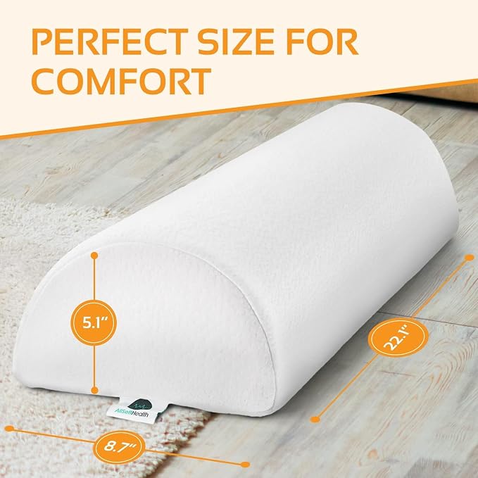 AllSett Health Large Half Moon Bolster Pillow for Legs, Knees, Lower Back and Head, Lumbar Support Pillow for Bed, Sleeping | Semi Roll for Ankle and Foot Comfort - Machine Washable Cover, White