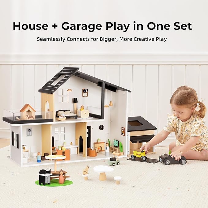 OOOK Wooden Dollhouse, Modern Doll House with Garage and 60Pcs Luxurious Furniture Accessories, Including Dolls and Pet Sets, Wood Dollhouse Toy for Boys and Girls 3+