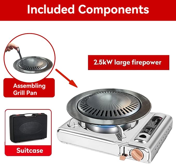Detachable Grill Pan & Gas Stove Combo with Safety Auto-Eject | Portable Suitcase Design for Camping, Tailgating, Picnics, Indoor/Outdoor Cooking & Hot Pot