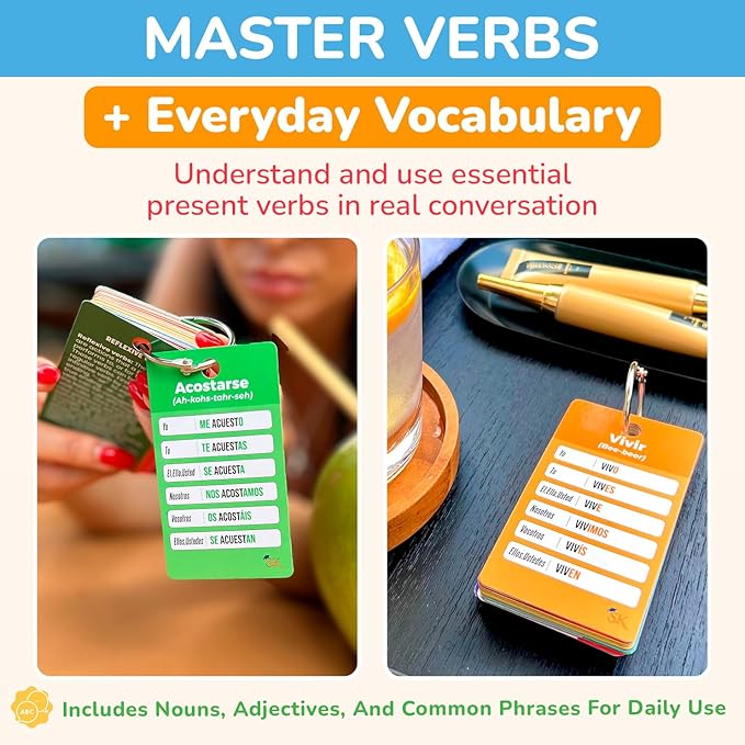 500+ Spanish Vocabulary Flash Cards for Adults & Kids Ages 15+ - Verb Conjugation, Nouns, Adjectives & Phrases to Learn Spanish for Adult Beginners Flashcards
