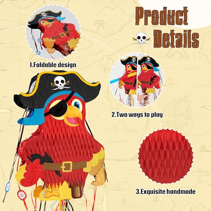 WERNNSAI Foldable Pirate Pinata - Extendable Pirate Parrot Pinata with Blindfold Bat and Tassels for Boys Pirate Birthday Party Supplies Caribbean Piñata Adventure Party Decorations 16.4” x 12.4”