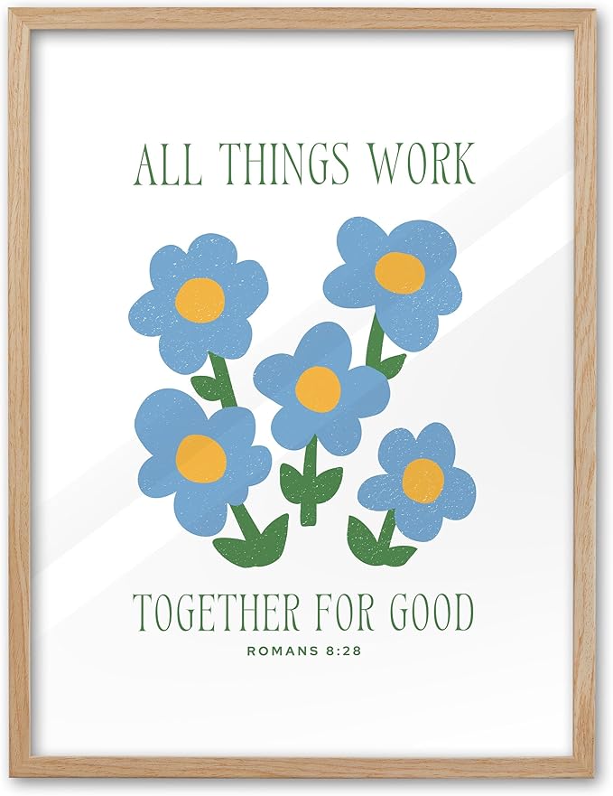 EcoHest 12x16 in Romans 8:28 All Things Work Blue Floral Christian Wall Art | Natural Oak Wood Frame with Canvas Wall Art, Scripture Bible Verse Decor for Bedroom, Living Room, Office, Church, 1Pack