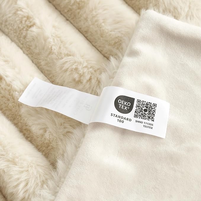 Cozy Bliss Faux Fur Throw Blanket for Couch, Cozy Warm Plush Striped Blanket for Sofa Bedroom Living Room, 50 * 60 Inches Beige