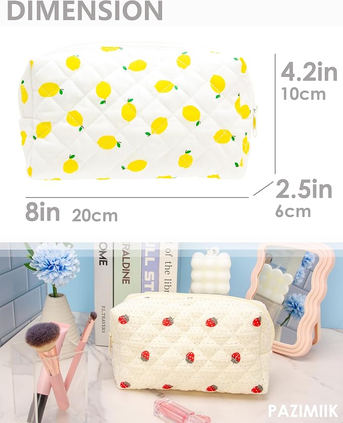 PAZIMIIK Small Quilted Makeup Bag,Zipper Cosmetic Pouch,Lemon White | Lightweight Cosmetic Bag Organizer for Women,Purse Storage Holds Makeup,Toiletries,Skincare,Beauty Essentials,Travel Items