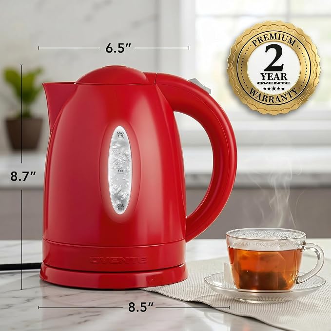 OVENTE Electric Kettle, 1.7L Fast Boiling Water Heater for Coffee or Tea, BPA Free with Water Level Gauge, Auto Shut-Off, Boil-Dry Protection, Indicator Light and Removable Filter, Red KP72R