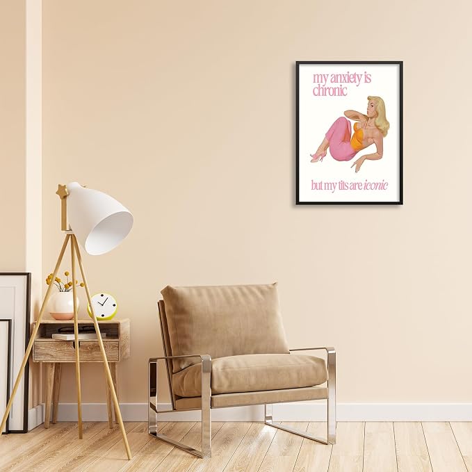 Funky Sexy Women Wall Art Funny Quote Social Anxiety Poster 60s 70s Vintage Housewife Canvas Prints 16X24 inch Black Framed for Apartment Wall Decor