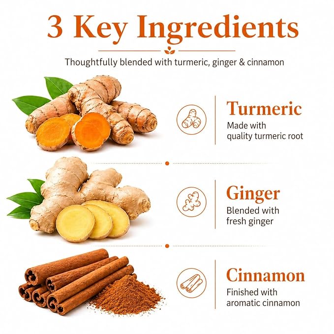 30 Premium Turmeric Ginger Cinnamon Tea Bags, 100% Natural Ingredients Herbal Tea, Turmeric Ginger Herbal Blend for Wellness & Digestive Support, Vegan, No Sugar, Caffeine-Free