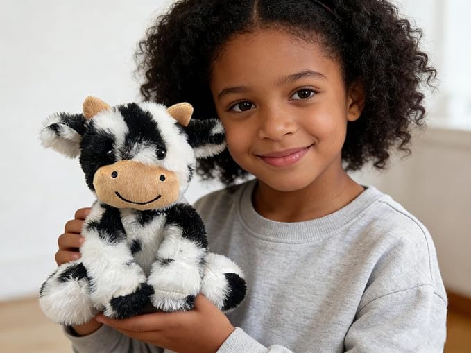 Cute Cow Plush Stuffed Animal Doll Toy 8 inch for Girls Boys One Peices （Each one has a Different Pattern） (sit Cow bd Black)