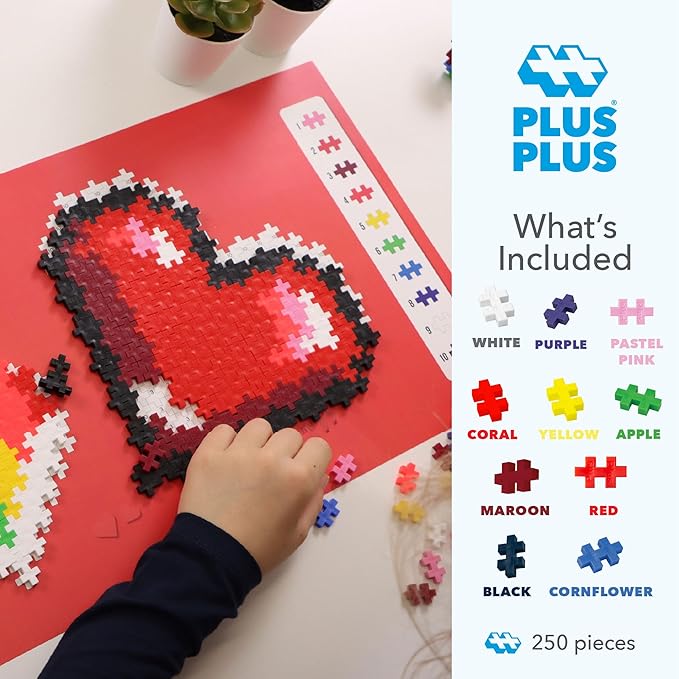 PLUS PLUS Puzzle by Number, 250 Piece Mini Interlocking Hashtag Color Blocks, 3D Pixel Art Kit for Kids - Hearts