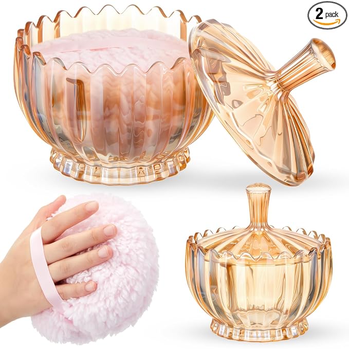 Tioncy 2 Pcs Extra Large Dusting Powder Puff and Container for Women-6'' Glass Crystal Dusting Powder Container with Body Soft Washable Reusable Velour Face(Amber,Scalloped)