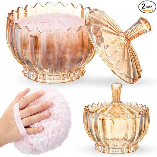Tioncy 2 Pcs Extra Large Dusting Powder Puff and Container for Women-6'' Glass Crystal Dusting Powder Container with Body Soft Washable Reusable Velour Face(Amber,Scalloped)