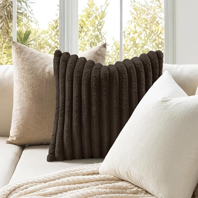 MIULEE Faux Fur Decorative Throw Pillow Covers 20x20 Set of 2 Dark Brown | Modern Fall Soft Plush Couch Pillows, Cozy Fluffy Cushion Covers for Sofa Bed Living Room Home Decor
