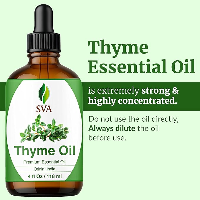 SVA Thyme Essential Oil 4 Fl Oz – for Diffuser, Skin & Hair Care – Ideal for Massage & DIY Blends – with Dropper