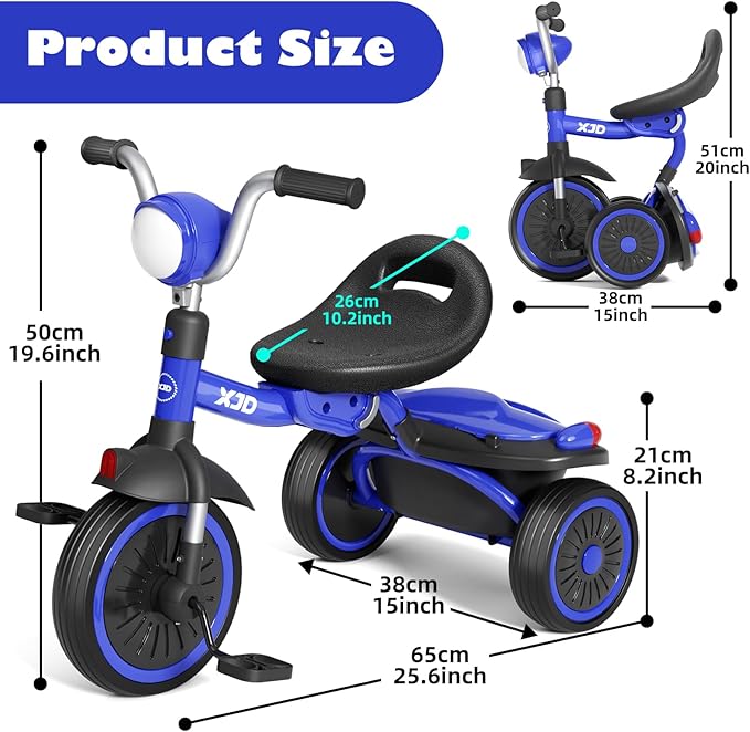 XJD Toddler Tricycle, Foldable Toddler Bike with Pedals, Tricycle for 2-5 Year Olds, Adjustable Comfortable Seat, Christmas Birthday Gifts for 1-5 Years Old Boys and Girls (Blue)