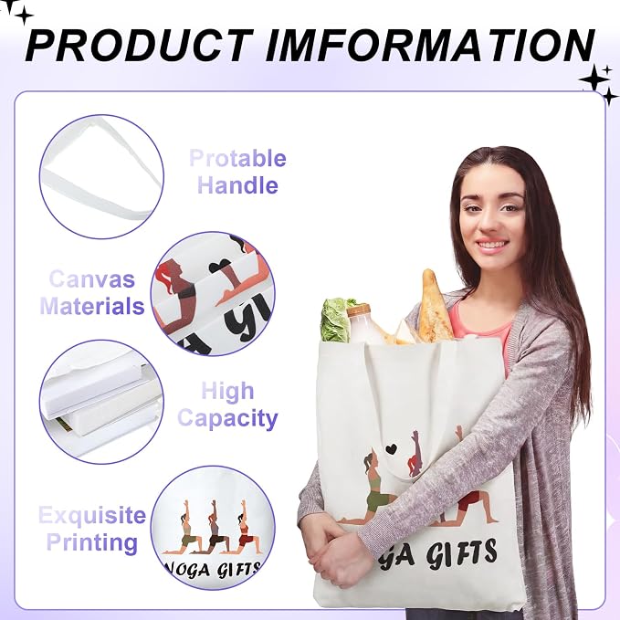 Hsei 12 Pcs Yoga Lover Gift Women Canvas Aesthetic Tote Bag Accessories Organizer Pilates Instructor Gift Yoga Teacher Grocery Bag Reusable Grocery Storage for Teachers Yogis Pilates Workout
