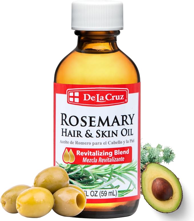 De La Cruz Rosemary Oil Blend Moisturizer with Castor, Avocado and Olive Oil, Glass Bottle, for Hair and Skin, 2 FL. OZ.