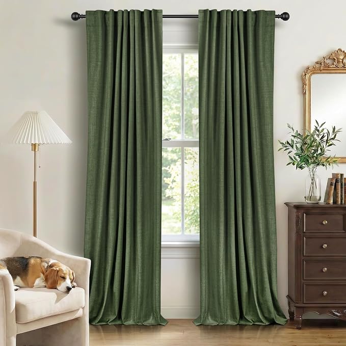 100% Blackout Shield Linen Blackout Curtains for Bedroom 80 Inches Long,Back Tab/Rod Pocket Living Room Drapes,Thermal Insulated Textured Blackout Curtains 2 Panels Set,50" W x 80" L,Moss Green