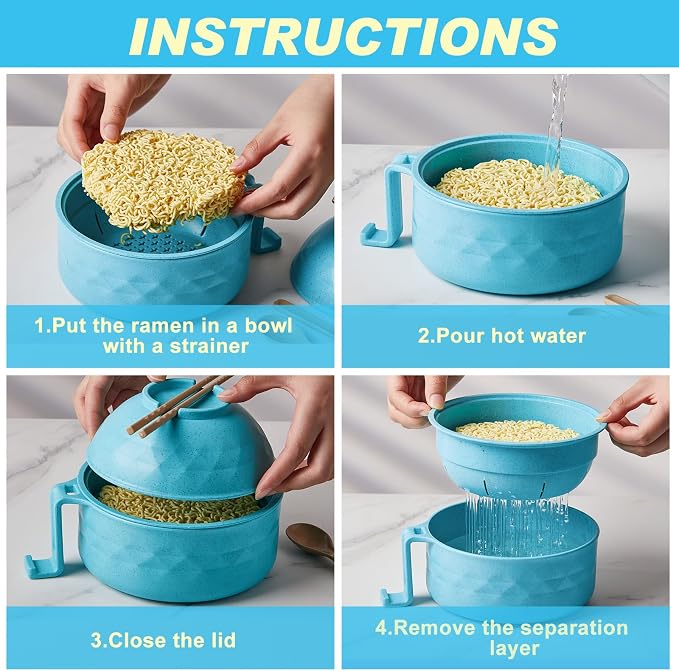 1 Set Microwave Ramen Cooker 40oz Wheat Straw Microwave Noodle Bowl Set with Chopsticks, Spoon, Fork, College Dorm Office Apartment Essentials (Sky Blue)