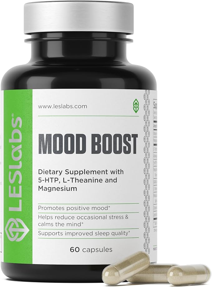 LES Labs Mood Boost – Stress Relief, Mood Support, Deep Relaxation & Better Sleep – 5-HTP, Ashwagandha, Rhodiola Rosea, Magnesium, L-Theanine & GABA – Non-GMO Supplement – 60 Capsules