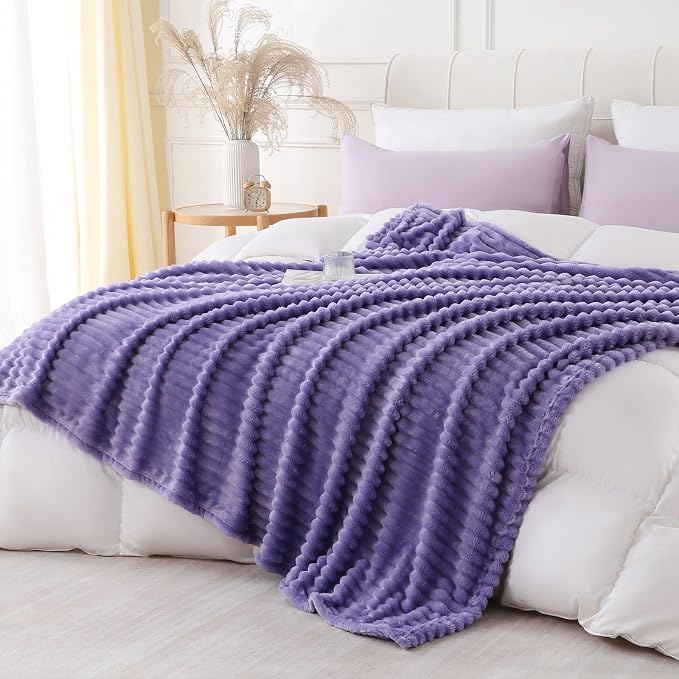 Lavender Throw Blanket for Couch Sofa 108x90 inches Striped Design | Fleece Blankets Room Home Decor Lightweight Plush Soft Cozy Gifts for Women Mom